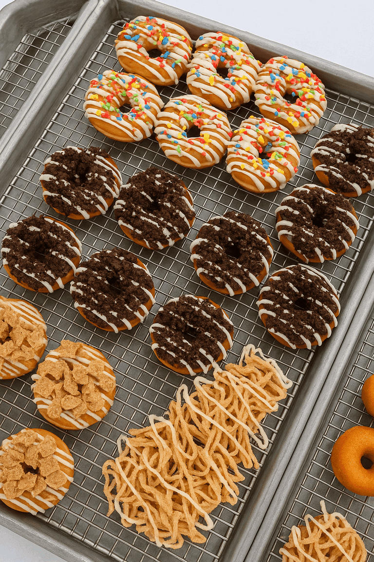 Assorted donuts topped with colorful cereal, cookie crumbs, and cinnamon flakes on a wire rack over a baking tray.