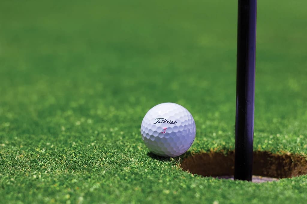 A close-up of a golf ball resting near the hole on a putting green.