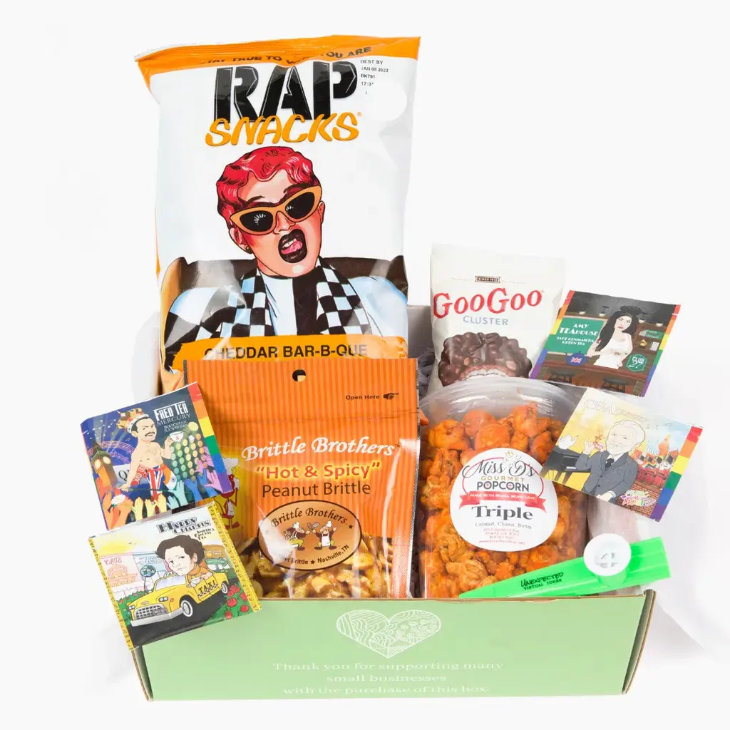A snack box featuring Rap Snacks, GooGoo Clusters, and other Nashville treats, promoting small local businesses and southern flavor snacks.