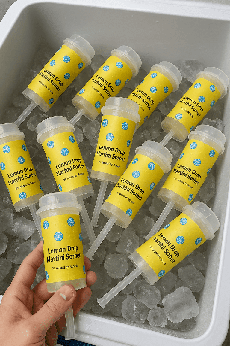 Cooler filled with Lemon Drop Martini Sorbet push pops on ice, with one being held up by hand. Bright yellow labels visible.