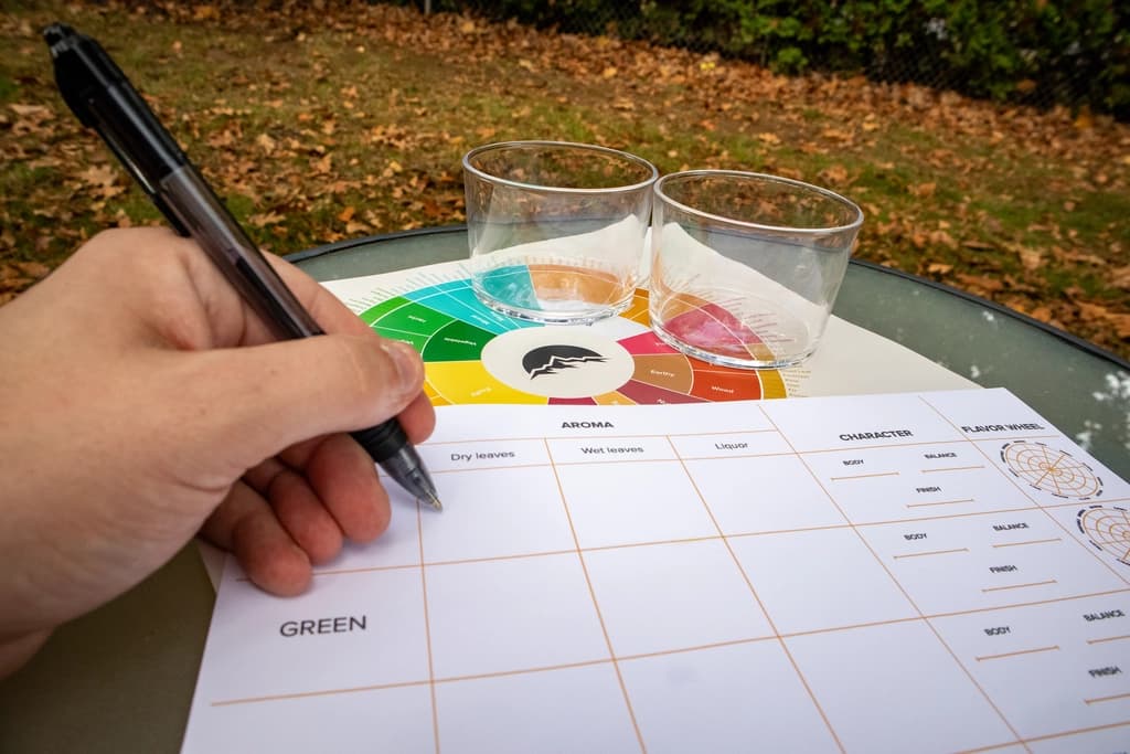 Close-up of a hand taking notes on a tea flavor wheel chart beside tasting glasses.