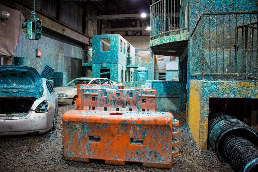 an indoor paintball facility with barriers covered in paint