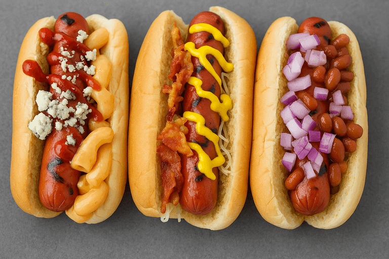 Three hot dogs on buns with unique toppings, set against a solid gray background.