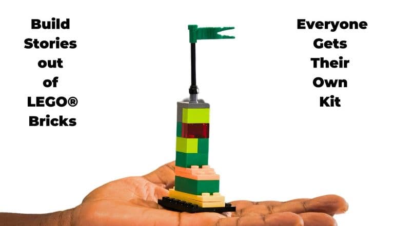 Hand holding a small, colorful LEGO® tower with a green flag, surrounded by bold text reading “Build Stories out of LEGO® Bricks” and “Everyone Gets Their Own Kit.”